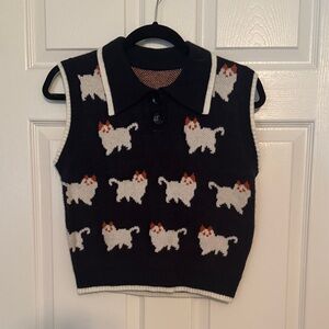 Women’s Navy Blue Cat Pattern Sleeveless Sweater